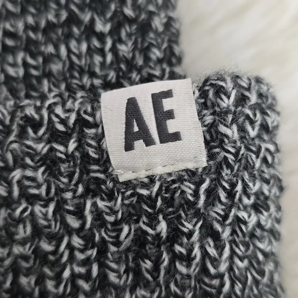 American Eagle Black Marbled Waffle Knit Beanie NWT Unisex Slouchy Winter Hat OS